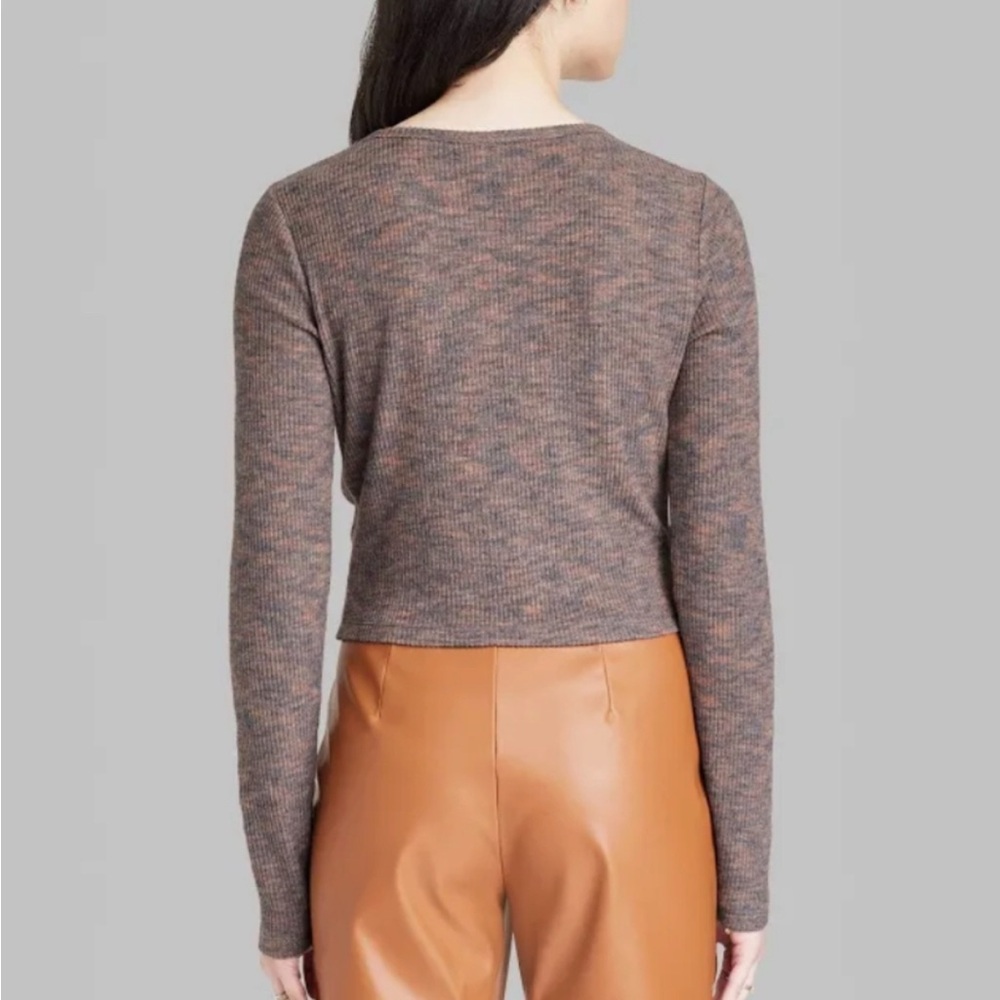 Wild Fable Womens Brown Long Sleeve Crop Top Cutout Top Cinch Tie - Picture 2 of 9